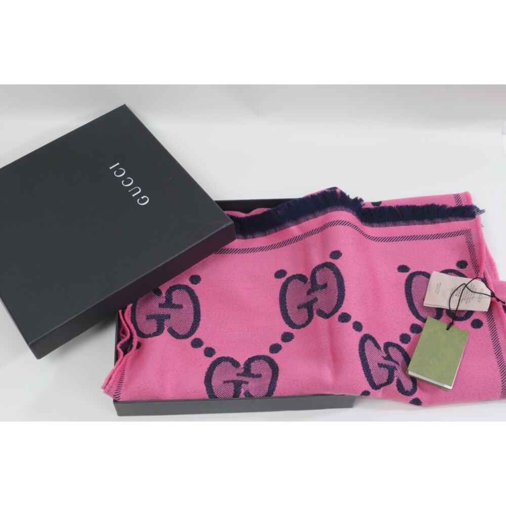 GUCCI Wool GG Monogram Scarf Salmon Pink Lady Nest Lux Designer Wrap Italy - Picture 5 of 16